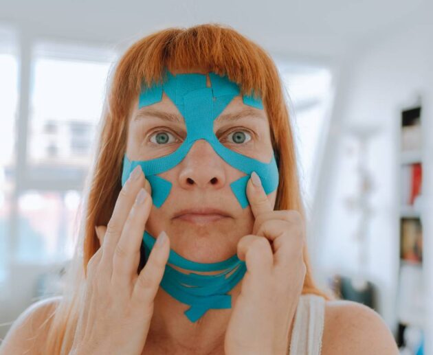 Close-up portrait middle-aged woman, she puts kinesiology tape on face