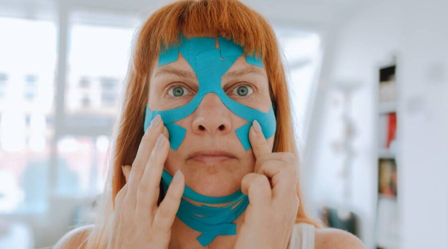 Close-up portrait middle-aged woman, she puts kinesiology tape on face